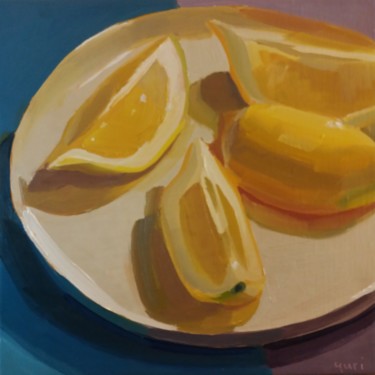 Malerei mit dem Titel "Lemon Slices on Whi…" von Yuri Tayshete, Original-Kunstwerk, Öl