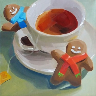 Ζωγραφική με τίτλο "Tea and Two Gingerb…" από Yuri Tayshete, Αυθεντικά έργα τέχνης, Λάδι