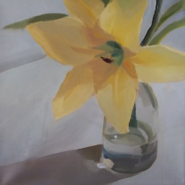 Painting titled "Yellow Lily in a Gl…" by Yuri Tayshete, Original Artwork, Oil Mounted on Wood Stretcher frame