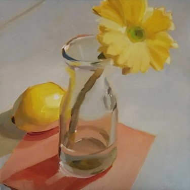 Painting titled "Yellow Daisy and a…" by Yuri Tayshete, Original Artwork, Oil Mounted on Wood Stretcher frame