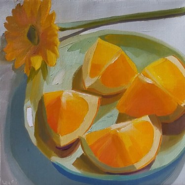Painting titled "Four Orange Pieces…" by Yuri Tayshete, Original Artwork, Oil Mounted on Wood Stretcher frame