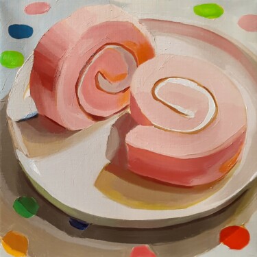 Peinture intitulée "Pink Rollcake on Wh…" par Yuri Tayshete, Œuvre d'art originale, Huile