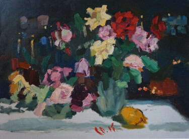 Картина под названием "Night roses" - Yuriy Karnaukhov (Gyuriykar8), Подлинное произведение искусства, Масло Установлен на Д…