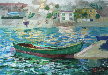 Painting titled "Зелёная лодка" by Yuriy Karnaukhov (Gyuriykar8), Original Artwork, Oil Mounted on Wood Stretcher frame