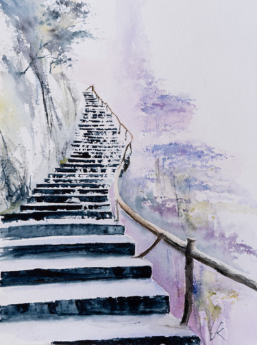 Pittura intitolato "Stairway" da Yuriy Kraft, Opera d'arte originale, Acquarello