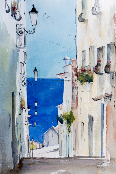 Pittura intitolato "Portugal Street" da Yuriy Kraft, Opera d'arte originale, Acquarello