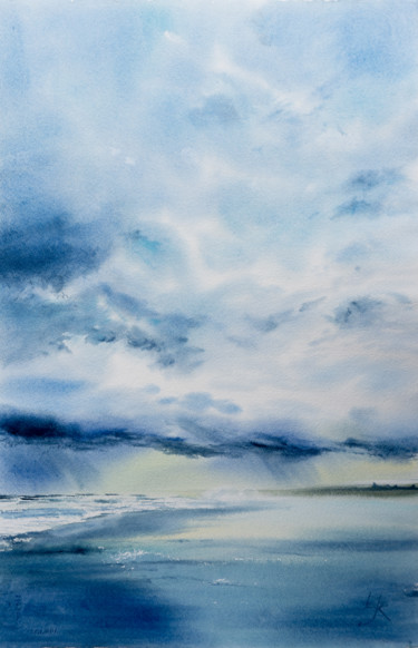 Malerei mit dem Titel "Sea Landscape" von Yuriy Kraft, Original-Kunstwerk, Aquarell