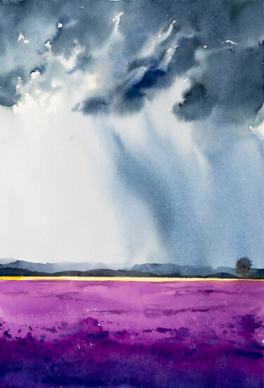 Malerei mit dem Titel "***lilac fields nea…" von Yuriy Kraft, Original-Kunstwerk, Aquarell