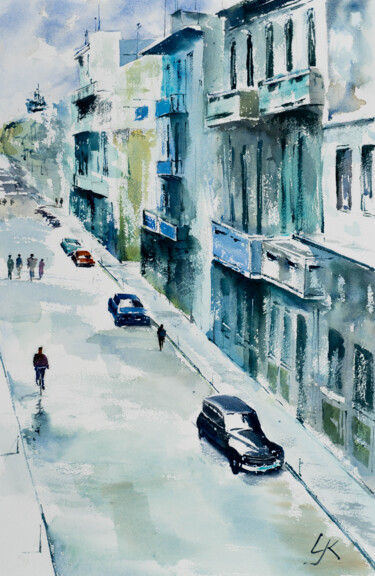 Painting titled "***Street of Havana…" by Yuriy Kraft, Original Artwork, Watercolor