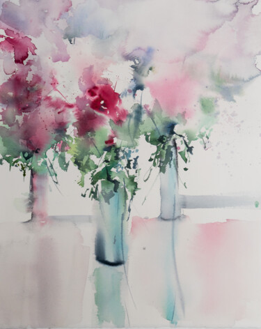 Painting titled "***Abstract Flowers…" by Yuriy Kraft, Original Artwork, Watercolor