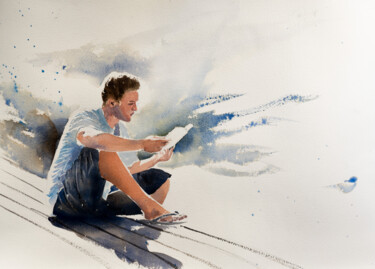 Painting titled "***READER***" by Yuriy Kraft, Original Artwork, Watercolor
