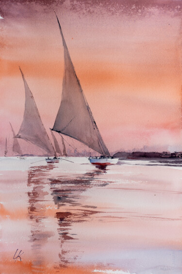 Painting titled "***Sailing, Egypt***" by Yuriy Kraft, Original Artwork, Watercolor