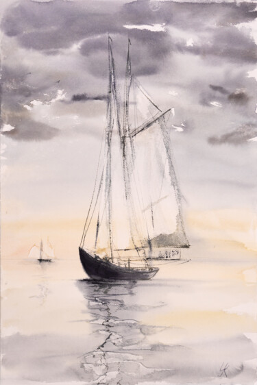 Pittura intitolato "***Sailing III***" da Yuriy Kraft, Opera d'arte originale, Acquarello