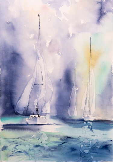 Painting titled "***Sailing XV***" by Yuriy Kraft, Original Artwork, Watercolor