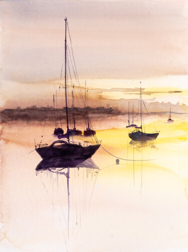Malarstwo zatytułowany „***Sunset harbour***” autorstwa Yuriy Kraft, Oryginalna praca, Akwarela