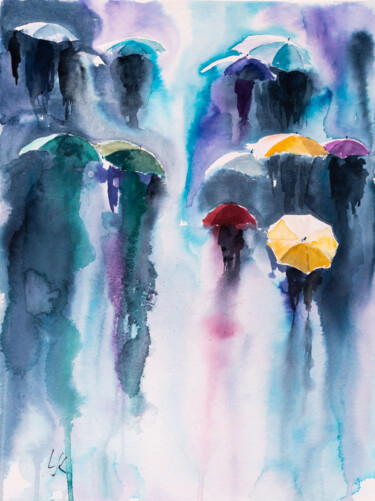 Pintura intitulada "***Raining Street***" por Yuriy Kraft, Obras de arte originais, Aquarela