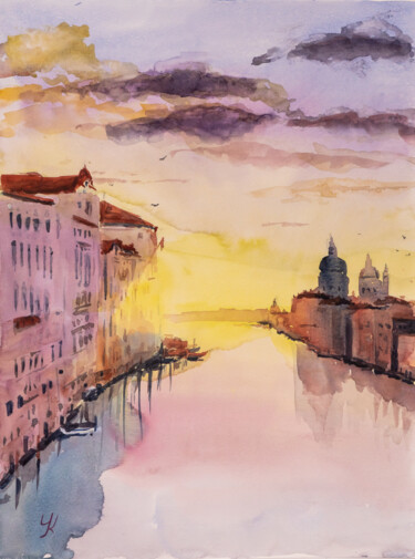 Painting titled "***Sunset***" by Yuriy Kraft, Original Artwork, Watercolor