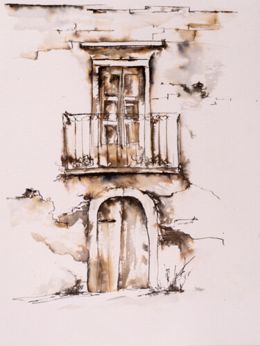 Desenho intitulada "***Ramshackle House…" por Yuriy Kraft, Obras de arte originais, Tinta