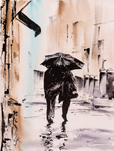 Painting titled "***Two in the rain*…" by Yuriy Kraft, Original Artwork, Watercolor