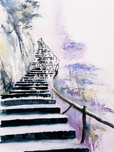 Pittura intitolato "***Stairway***" da Yuriy Kraft, Opera d'arte originale, Acquarello