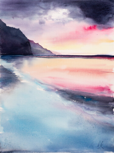 Malerei mit dem Titel "***Sunset on the be…" von Yuriy Kraft, Original-Kunstwerk, Aquarell