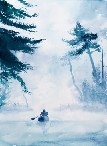 Malerei mit dem Titel "***Lake in the morn…" von Yuriy Kraft, Original-Kunstwerk, Aquarell