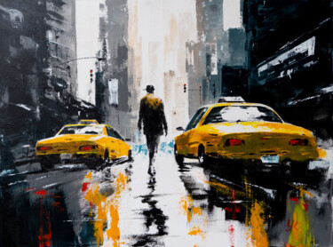 Painting titled ""Yellow Taxi Rush:…" by Yuriy Kraft, Original Artwork, Acrylic Mounted on Wood Stretcher frame