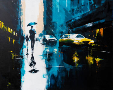 Malerei mit dem Titel ""Rainy Rush Hour"" von Yuriy Kraft, Original-Kunstwerk, Acryl Auf Keilrahmen aus Holz montiert