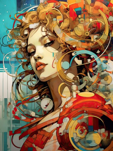 "Portrait in the Fusion Style of Pop Art and Da Vinci" Arts numériques intitulée ""Portrait in the Fu…" par Yuriy Kraft, Œuvre d'art originale, Image générée par l'IA