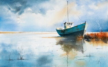 Painting titled ""Coastal Beauty Unv…" by Yuriy Kraft, Original Artwork, Watercolor