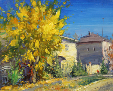 Painting titled "Autumn Gold" by Yuriy Demiyanov, Original Artwork, Oil Mounted on Wood Stretcher frame