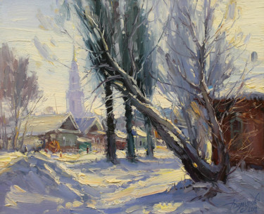 Painting titled "Under the poplars" by Yuriy Demiyanov, Original Artwork, Oil Mounted on Wood Stretcher frame