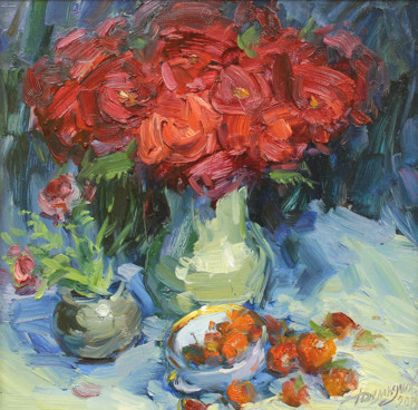 Painting titled "Roses and strawberr…" by Yuriy Demiyanov, Original Artwork, Oil Mounted on Cardboard