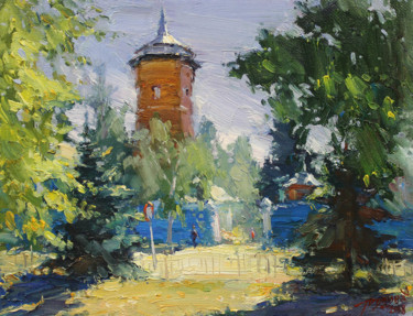 Painting titled "Pump-house" by Yuriy Demiyanov, Original Artwork, Oil Mounted on Wood Stretcher frame