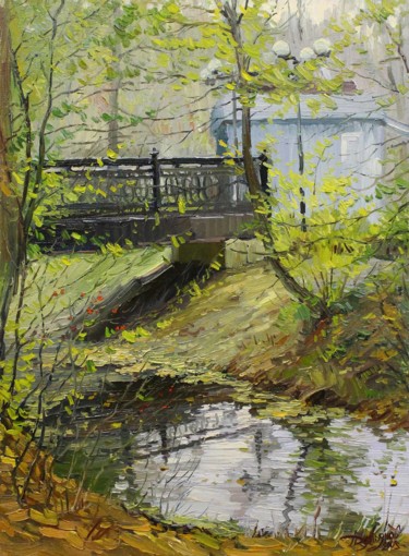 Painting titled "Bridge" by Yuriy Demiyanov, Original Artwork, Oil Mounted on Wood Stretcher frame