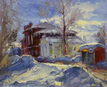 Painting titled "The sun on the snow…" by Yuriy Demiyanov, Original Artwork, Oil Mounted on Wood Stretcher frame