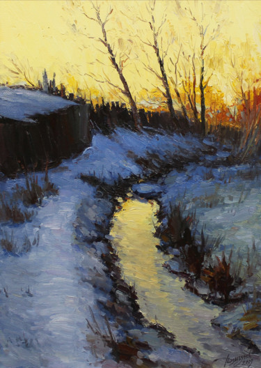 Painting titled "Sunset by the stream" by Yuriy Demiyanov, Original Artwork, Oil Mounted on Wood Stretcher frame
