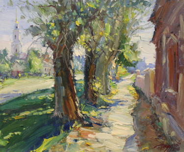 Painting titled "By the road" by Yuriy Demiyanov, Original Artwork, Oil Mounted on Wood Stretcher frame