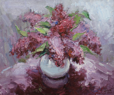 Картина под названием "Lilac bouquet" - Yuriy Demiyanov, Подлинное произведение искусства, Масло Установлен на Деревянная ра…