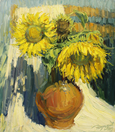Картина под названием "Sunflowers on white" - Yuriy Demiyanov, Подлинное произведение искусства, Масло Установлен на Деревян…