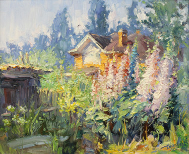 Painting titled "The June colonnade" by Yuriy Demiyanov, Original Artwork, Oil Mounted on Wood Stretcher frame