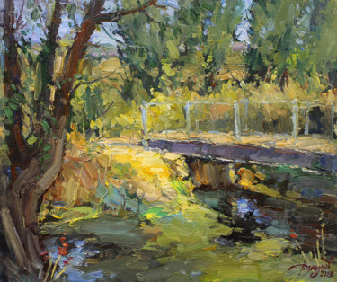 Painting titled "Sun on the bridge" by Yuriy Demiyanov, Original Artwork, Oil Mounted on Wood Stretcher frame