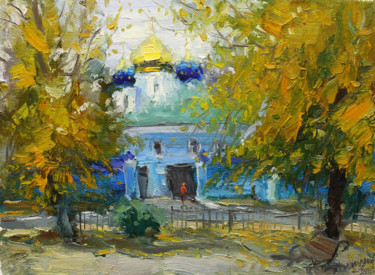 Painting titled "Autumn in the park" by Yuriy Demiyanov, Original Artwork, Oil Mounted on Wood Stretcher frame