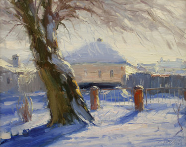 Pintura intitulada "Snow-covered poplar" por Yuriy Demiyanov, Obras de arte originais, Óleo Montado em Armação em madeira