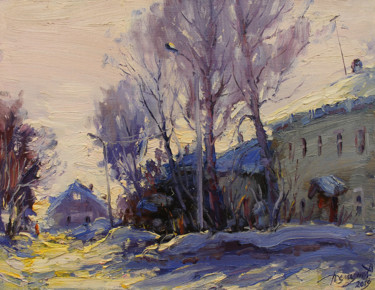 Painting titled "Sun in the snow" by Yuriy Demiyanov, Original Artwork, Oil Mounted on Wood Stretcher frame