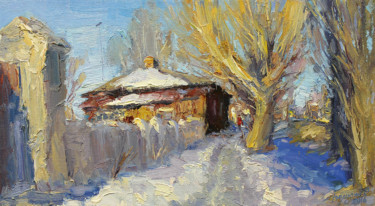 Painting titled "Landscape with a fe…" by Yuriy Demiyanov, Original Artwork, Oil Mounted on Wood Stretcher frame