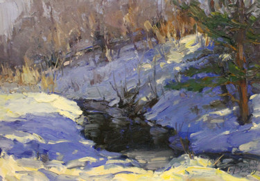 Malerei mit dem Titel "Stream in the forest" von Yuriy Demiyanov, Original-Kunstwerk, Öl Auf Karton montiert