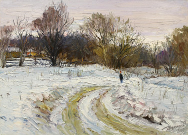 Painting titled "Winter road" by Yuriy Demiyanov, Original Artwork, Oil Mounted on Wood Stretcher frame
