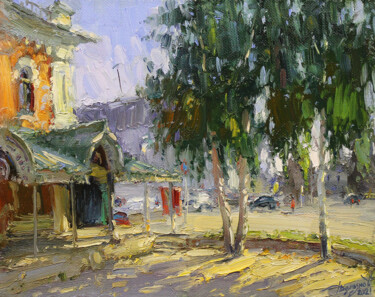 Painting titled "In the shade of bir…" by Yuriy Demiyanov, Original Artwork, Oil Mounted on Wood Stretcher frame