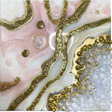 Schilderij getiteld "Gold Pink Rose Geod…" door Alexandra Dobreikin, Origineel Kunstwerk, Hars Gemonteerd op Frame voor hout…